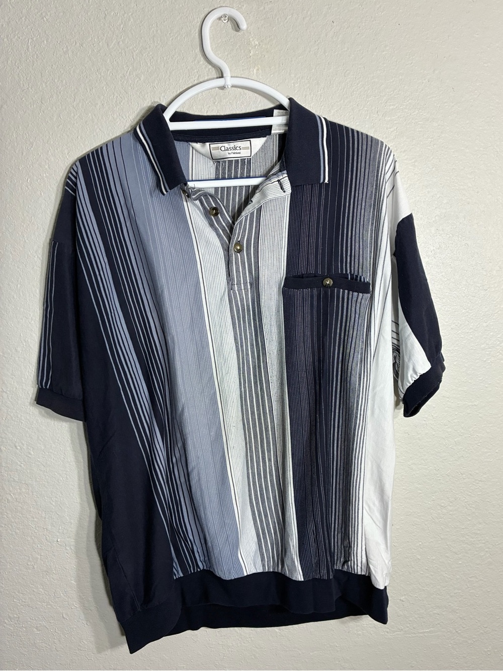 Vintage Men’s Navy and White Striped Polo Shirt - Classics By Palmland